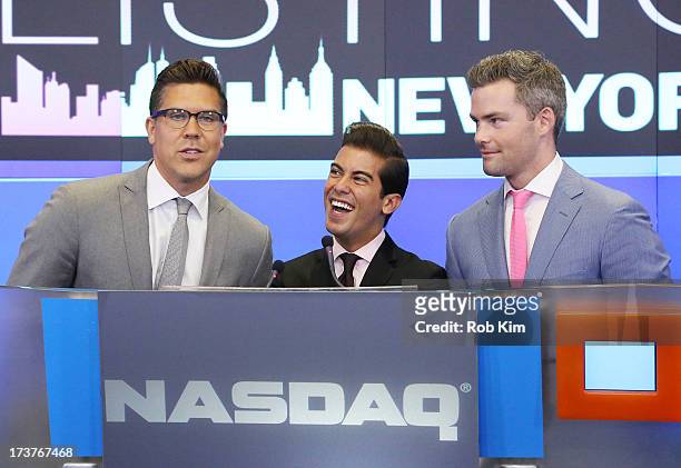 Fredrik Eklund, Luis D. Ortiz and Ryan Serhant, cast of Bravo's "Million Dollar Listing" ring closing bell at NASDAQ MarketSite on July 17, 2013 in...