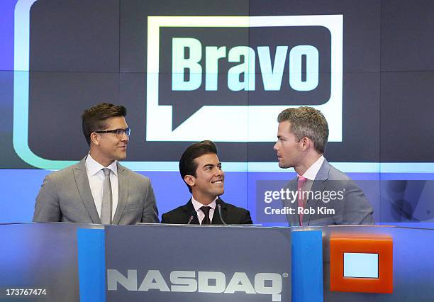 Fredrik Eklund, Luis D. Ortiz and Ryan Serhant, cast of Bravo's "Million Dollar Listing" ring closing bell at NASDAQ MarketSite on July 17, 2013 in...