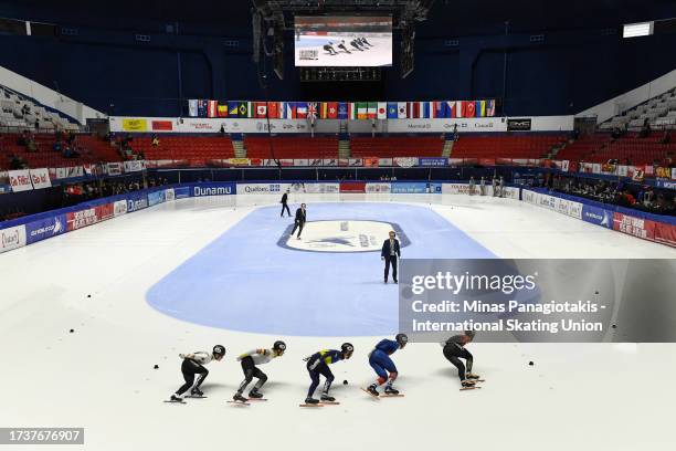 General view of the men's 1000 m repechage quarterfinals during the ISU World Cup Short Track at Maurice Richard Arena on October 21, 2023 in...