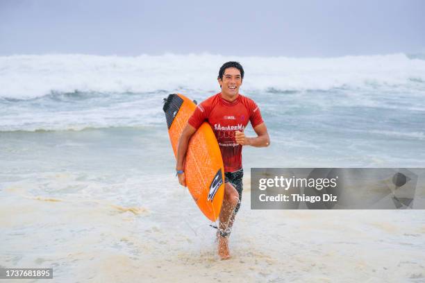 Shion Crawford of Hawaii after surfing in Heat 1 of the Round of 16 at the Corona Saquarema Pro on October 20, 2023 at Saquarema, Rio De Janeiro,...