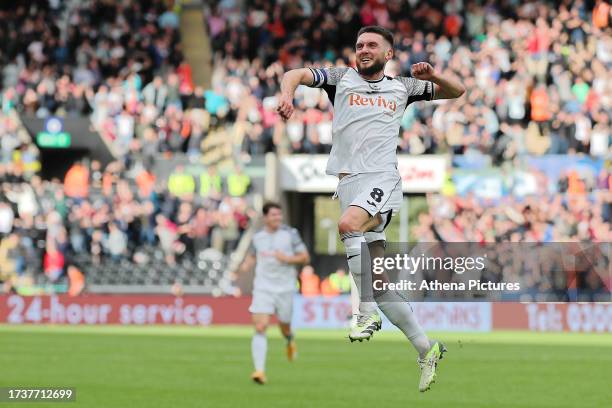 Matt Grimes of Swansea City celebrates his goal during the Sky Bet Championship match between Swansea City and Leicester City at the Swansea.com...