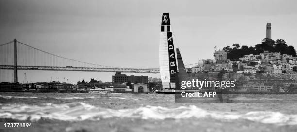 Team Luna Rossa Challenge sails their AC-72 Racing Yacht in the bay during a training session for the America's Cup race in San Francisco, California...