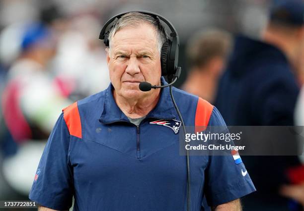 Head coach Bill Belichick of the New England Patriots looks on during the first quarter against the Las Vegas Raiders at Allegiant Stadium on October...