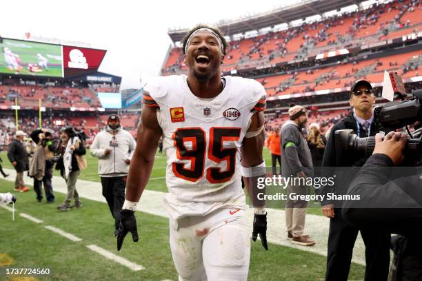 Myles Garrett of the Cleveland Browns reacts after his team's 19-17 win against the San Francisco 49ers at Cleveland Browns Stadium on October 15,...