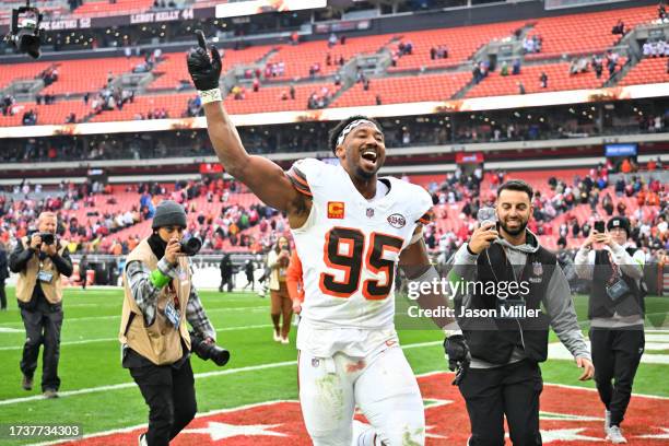 Myles Garrett of the Cleveland Browns reacts after his team's 19-17 win against the San Francisco 49ers at Cleveland Browns Stadium on October 15,...