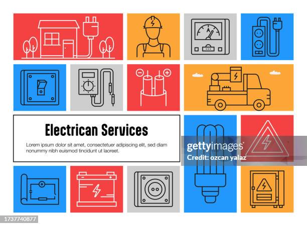 ilustraciones, imágenes clip art, dibujos animados e iconos de stock de concepto de diseño de banner vectorial relacionado con los servicios de electricista. - instalar