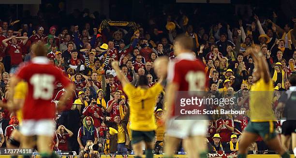The crowd show their emotions as the Wallabies celebrate victory during game two of the International Test Series between the Australian Wallabies...