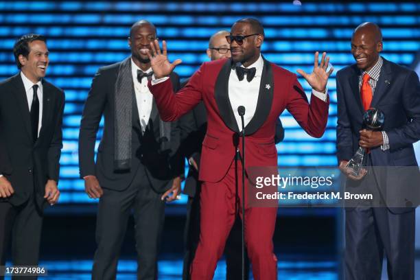 Coach Erik Spoelstra, Dwyane Wade, LeBron James and Ray Allen accept the award for Best Game onstage at The 2013 ESPY Awards at Nokia Theatre L.A....