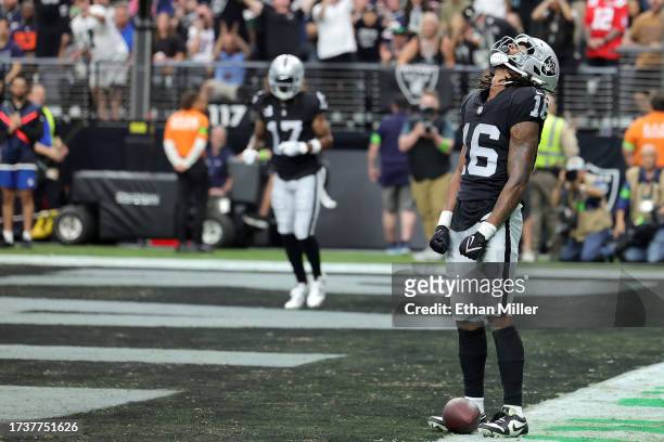 Jakobi Meyers of the Las Vegas Raiders celebrates after catching a touchdown during the second quarter against the New England Patriots at Allegiant...