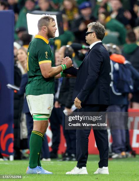 Duane Vermeulen of South Africa and Fabien Galthie, Head Coach of France, shake hands at full-time following the Rugby World Cup France 2023 Quarter...