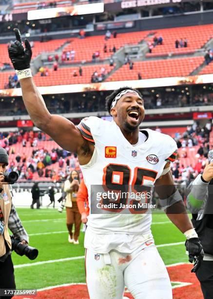Myles Garrett of the Cleveland Browns reacts after his team's 19-17 win against the San Francisco 49ers at Cleveland Browns Stadium on October 15,...