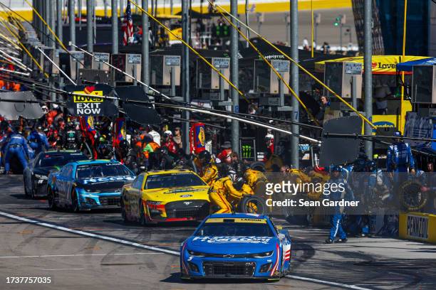 Kyle Larson, driver of the HendrickCars.com Chevrolet, exits pit road during the NASCAR Cup Series South Point 400 at Las Vegas Motor Speedway on...