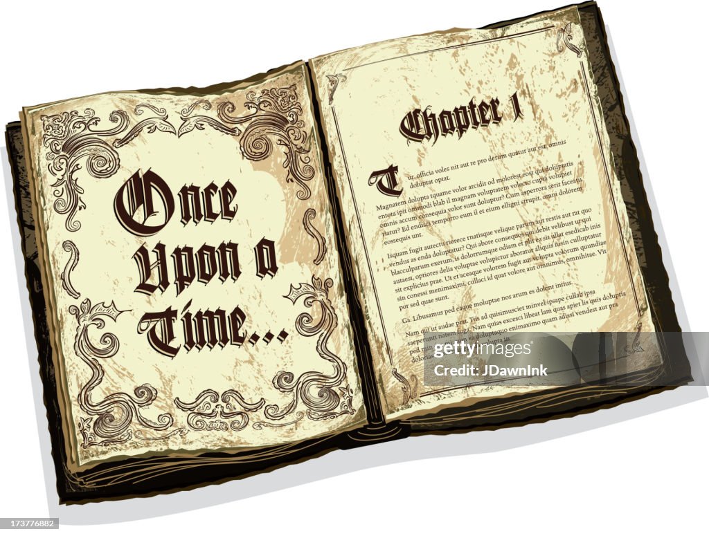 Antigo abrir fairytale storybook com o modelo de texto