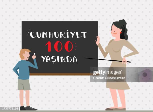 october 29 republic day - 29 ekim cumhuriyet bayrami - cumhuriyet 100 yasinda - turkish republic is 100 years old - handwritten text on whiteboard - flat design teacher & student stock illustration - 29 ekim stock illustrations