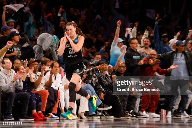 Sabrina Ionescu of the New York Liberty reacts after a basket against the Las Vegas Aces during the fourth quarter in Game Three of the 2023 WNBA...