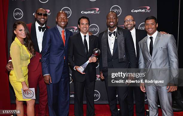 Model Chrissy Teigen, NBA players LeBron James and Ray Allen, Miami Heat head coach Erik Spoelstra with the Best Game award, NBA player Dwyane Wade,...