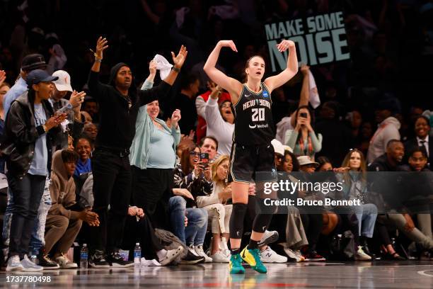 Sabrina Ionescu of the New York Liberty reacts after a basket against the Las Vegas Aces during the fourth quarter in Game Three of the 2023 WNBA...