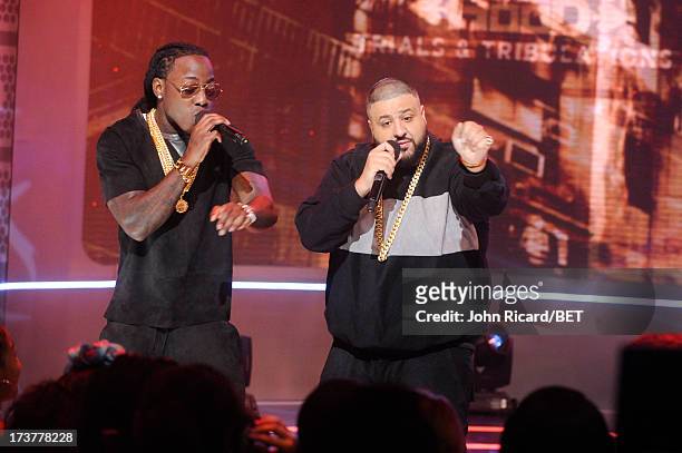 Ace Hood and DJ Khaled perform at BET's 106 & Park at BET Studios on July 17, 2013 in New York City.