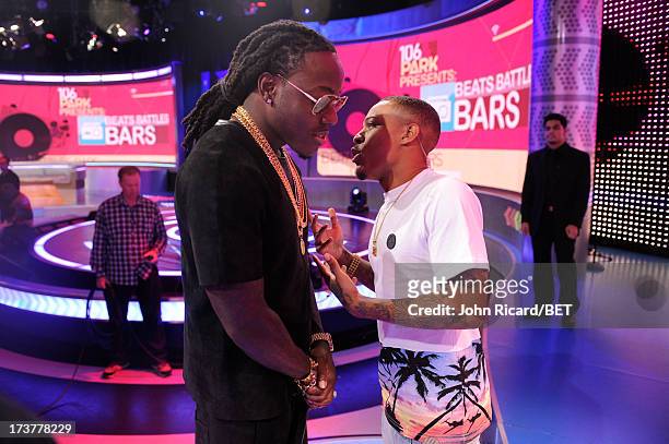Bow Wow and Ace Hood chat during commercial break at BET's 106 & Park at BET Studios on July 17, 2013 in New York City.