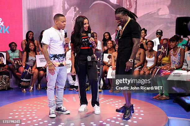Hosts Angela Simmons and Bow Wow with Ace Hood at BET's 106 & Park at BET Studios on July 17, 2013 in New York City.