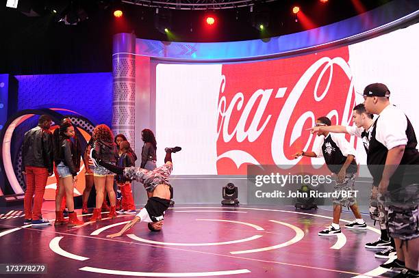 Summer Series Round 2 competitors Devastation Dance Crew and WTO Dance Crew battle at BET's 106 & Park at BET Studios on July 17, 2013 in New York...