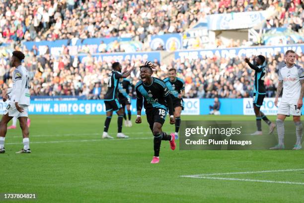 Abdul Fatawu of Leicester City celebrates after scoring to make it 1-2 during the Sky Bet Championship match between Swansea City and Leicester City...