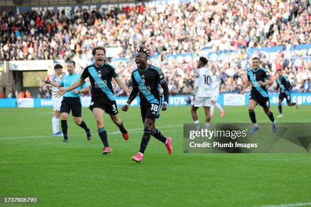 Abdul Fatawu of Leicester City celebrates after scoring to make it 1-2 during the Sky Bet Championship match between Swansea City and Leicester City...