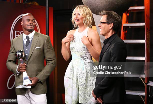 Player Adrian Peterson, tennis player Maria Sharapova, and actor Kevin Bacon interviewed backstage at The 2013 ESPY Awards at Nokia Theatre L.A. Live...