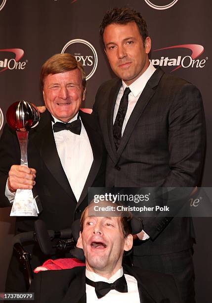 Dick Hoyt , actor Ben Affleck, and Rick Hoyt pose backstage at The 2013 ESPY Awards at Nokia Theatre L.A. Live on July 17, 2013 in Los Angeles,...