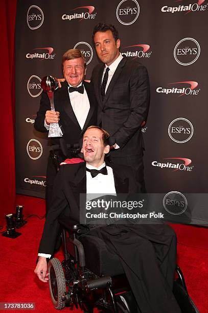 Dick Hoyt , actor Ben Affleck, and Rick Hoyt pose backstage at The 2013 ESPY Awards at Nokia Theatre L.A. Live on July 17, 2013 in Los Angeles,...