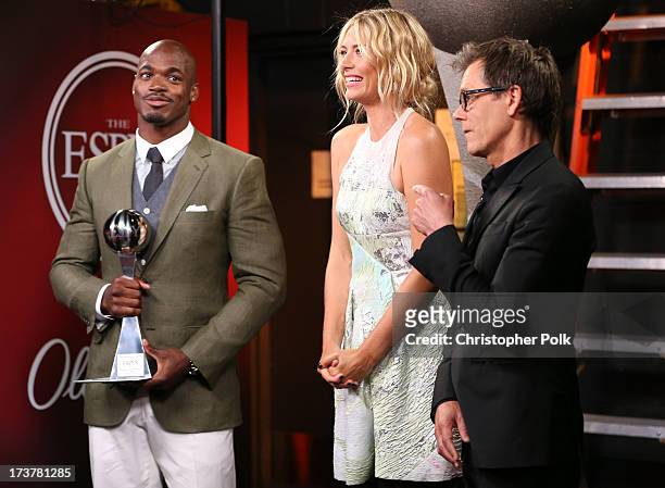Player Adrian Peterson, tennis player Maria Sharapova, and actor Kevin Bacon interviewed backstage at The 2013 ESPY Awards at Nokia Theatre L.A. Live...
