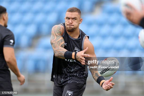 Kiwis captain James Fisher-Harris warms up during a New Zealand Kiwis league training session at The Trusts Arena on October 16, 2023 in Auckland,...