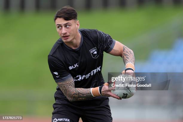 Kiwis player Charnze Nicholl-Klostad warms up during a New Zealand Kiwis league training session at The Trusts Arena on October 16, 2023 in Auckland,...