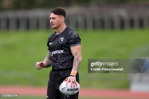 Kiwis player Charnze Nicholl-Klostad warms up during a New Zealand Kiwis league training session at The Trusts Arena on October 16, 2023 in Auckland,...