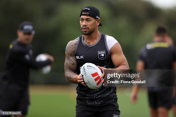 Jamayne Isaako warms up during a New Zealand Kiwis league training session at The Trusts Arena on October 16, 2023 in Auckland, New Zealand.