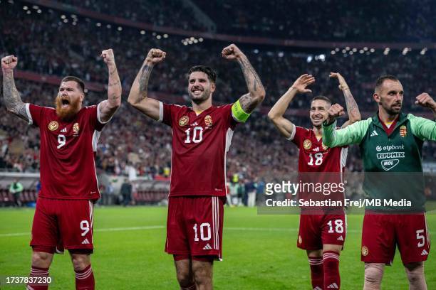 Adam Martin, Dominik Szoboszlai, Zsolt Nagy, Attila Fiola of Hungary celebrate during the UEFA EURO 2024 European qualifier match between Hungary and...