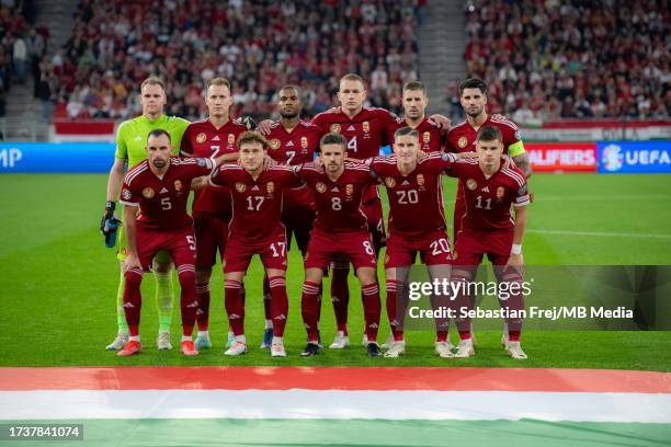 Team photo of Hungary Denes Dibusz, Adam Lang, Loic Nego, Attila Szalai, Barnabas Varga, Dominik Szoboszlai, Attila Fiola, Callum Styles, Roland...