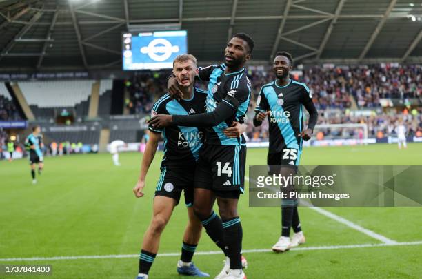 Kelechi Iheanacho of Leicester City celebrates with Kiernan Dewsbury-Hall of Leicester City after scoring to make it 1-3 during the Sky Bet...