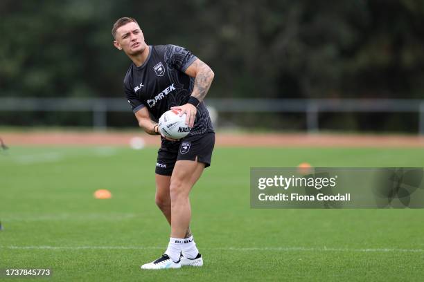 Danny Levi warms up during a New Zealand Kiwis league training session at The Trusts Arena on October 16, 2023 in Auckland, New Zealand.