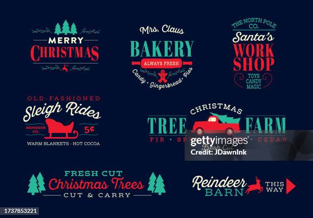 christmas and holiday label design set with assorted holiday greetings tree farm, sleigh rides, santa's workshop, mrs. claus bakery, reindeer barn - christmas tree farm stock illustrations