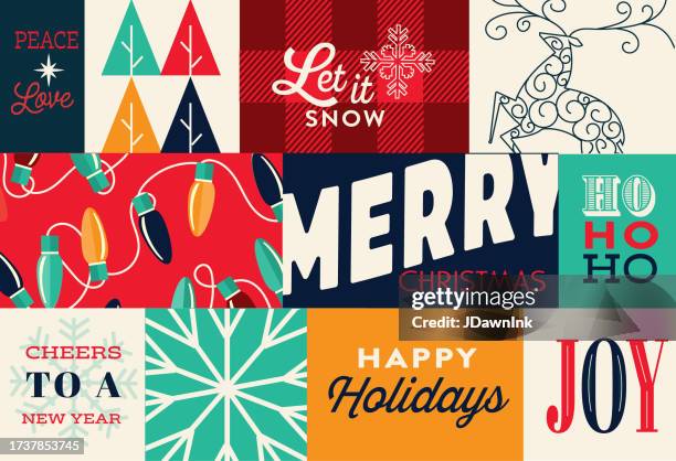 christmas greeting web banner abstract design template with holiday phrases, trees, deer, lights - christmas card design stock illustrations