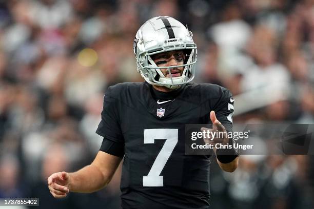 Brian Hoyer of the Las Vegas Raiders reacts after an incomplete pass during the third quarter against the New England Patriots at Allegiant Stadium...