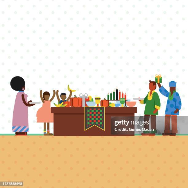 kwanzaa celebration - happy family kwanzaa festival - flat design vector art stock illustration - buffet stock illustrations