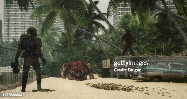 bounty hunter confronts creature on tropical beach - police confrontation stock pictures, royalty-free photos & images