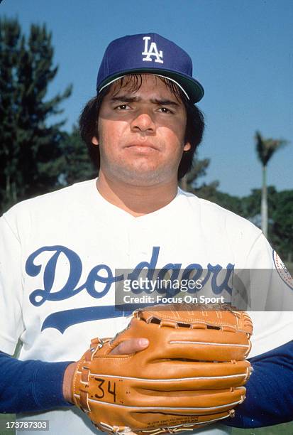 Pitcher Fernando Valenzuela of the Los Angeles Dodgers poses for this portrait during Major League Baseball spring training circa 1980 in Vero Beach,...