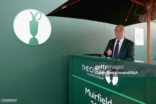 Starter Ivor Robson prepares to announce the first group on the 1st tee prior to the first round of the 142nd Open Championship at Muirfield on July...