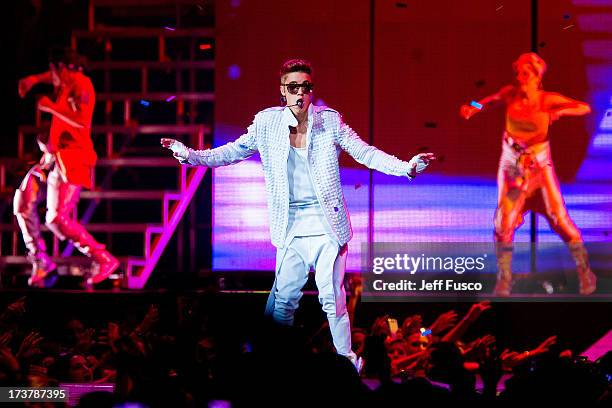 Justin Bieber performs at the Wells Fargo Center July 17, 2013 in Philadelphia, Pennsylvania.