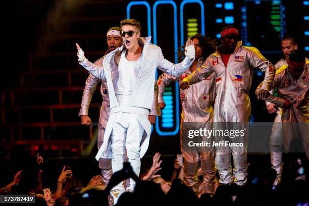 Justin Bieber performs at the Wells Fargo Center July 17, 2013 in Philadelphia, Pennsylvania.