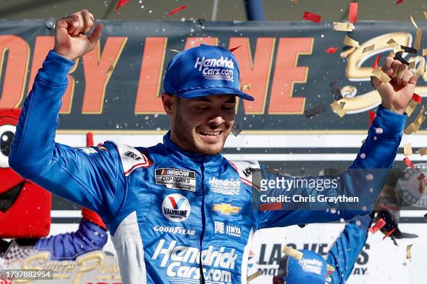 Kyle Larson, driver of the HendrickCars.com Chevrolet, celebrates in victory lane after winning the NASCAR Cup Series South Point 400 at Las Vegas...