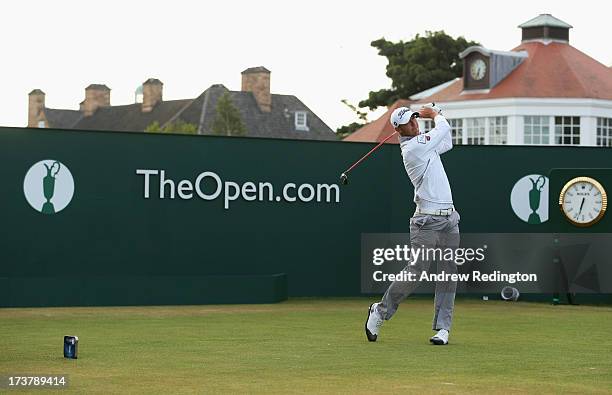 Lloyd Saltman of Scotland tees off on the 1st during the first round of the 142nd Open Championship at Muirfield on July 18, 2013 in Gullane,...